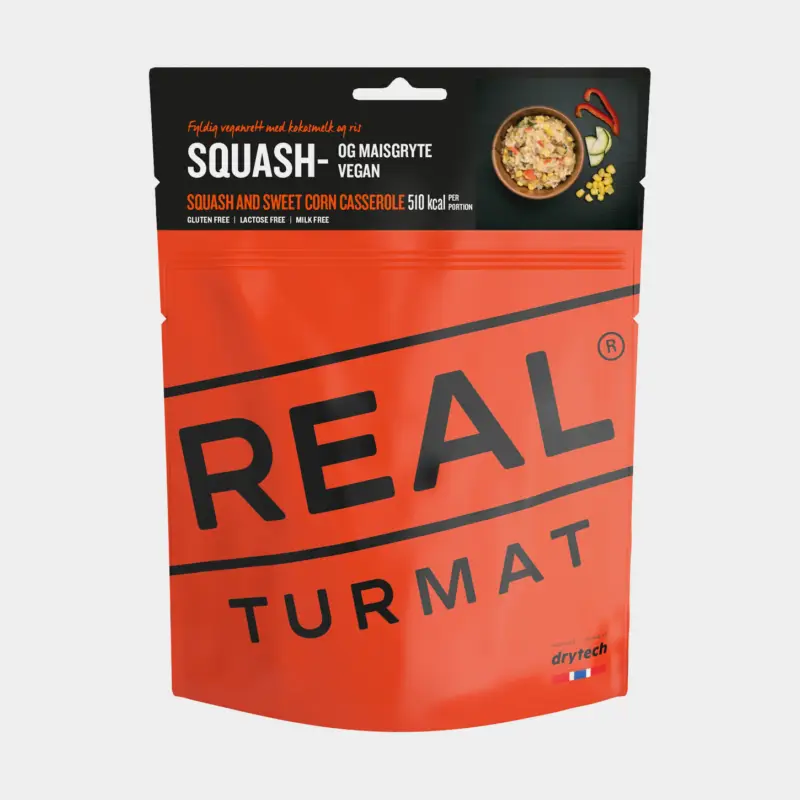 Vente Flash Repas lyophilisé / repas pour le camping Real Turmat Squash & Sweet Corn Casserole / Casserole de courge et maïs, sans gluten / vegan / végétarien, portion individuelle, 460 g