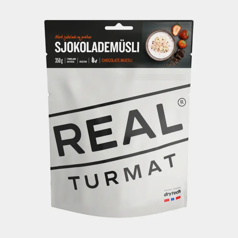 Repas lyophilisé / repas pour le camping Real Turmat Muesli au chocolat / Sjokolademüsli, végétarien, emballage individuel, 350 g Prix Promo