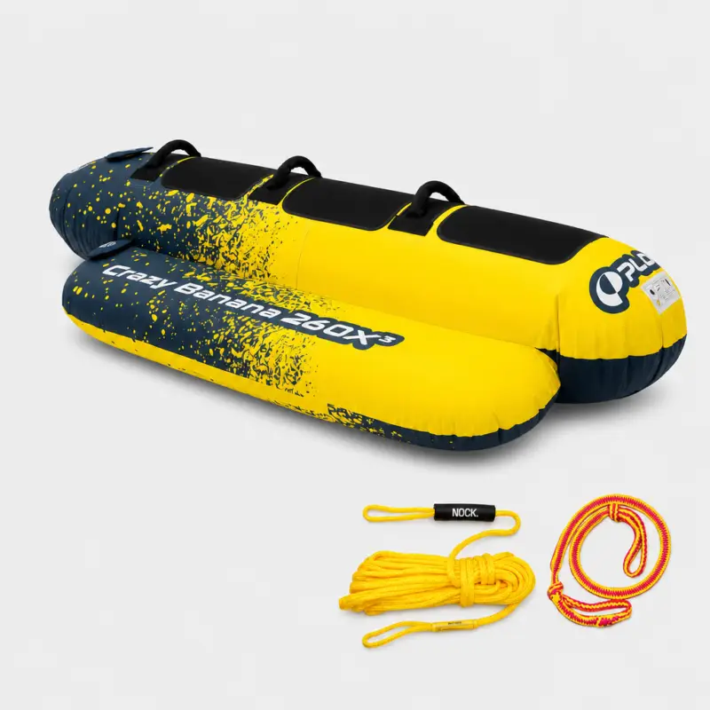Haute Qualité Bateau banane PLOT Crazy Banana 260X³, 3 personnes, 260 cm, bleu + corde de traction pour bouée 18 meter + rallonge élastique
