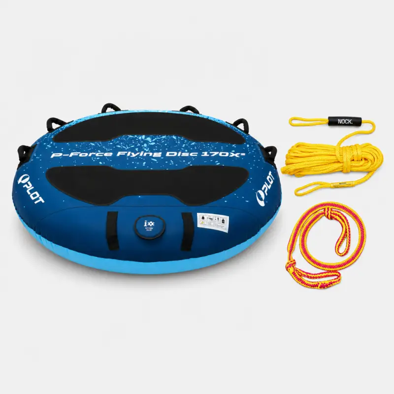 Usine Directe Anneaux & tubes tractés gonflable PLOT P-Force Flying Disc 170X², 2 personnes, Ø170 cm, bleu + ligne de remorquage 18 mètres + rallonge élastique