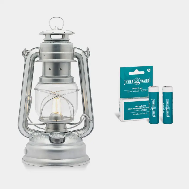 Lampe tempête LED Feuerhand 276 (Baby Special) LED, 255 mm, Zinc-Plated + batteries lithium-ion rechargeables Authentique