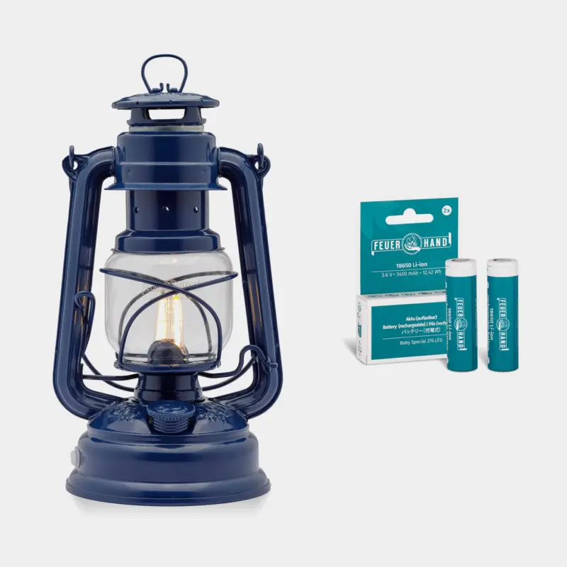 Lampe tempête LED Feuerhand 276 (Baby Special) LED, 255 mm, Cobalt Blue + batteries lithium-ion rechargeables Offre Du Jour