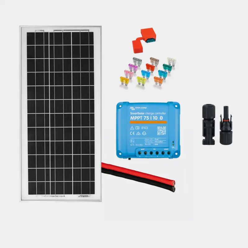 Kit de panneaux solaires pour installation fixe Juni Solar Junction Box, 25 W, monocristallin, rigide, 12 V, avec cadre en aluminium, 641 x 296 x 25 mm, avec régulateur MPPT (10 amp) + câbles + porte-fusible & fusible Usine Directe