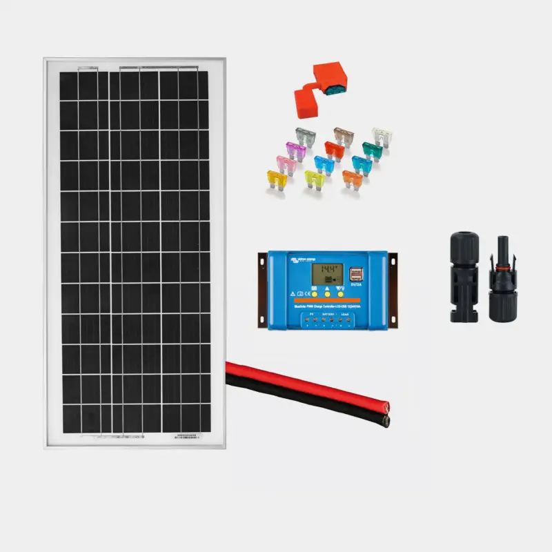 Kit de panneaux solaires pour installation fixe Juni Solar Junction Box, 25 W, monocristallin, rigide, 12 V, avec cadre en aluminium, 641 x 296 x 25 mm, avec régulateur PWM (5 amp) + câbles + porte-fusible & fusible Expédition Rapide