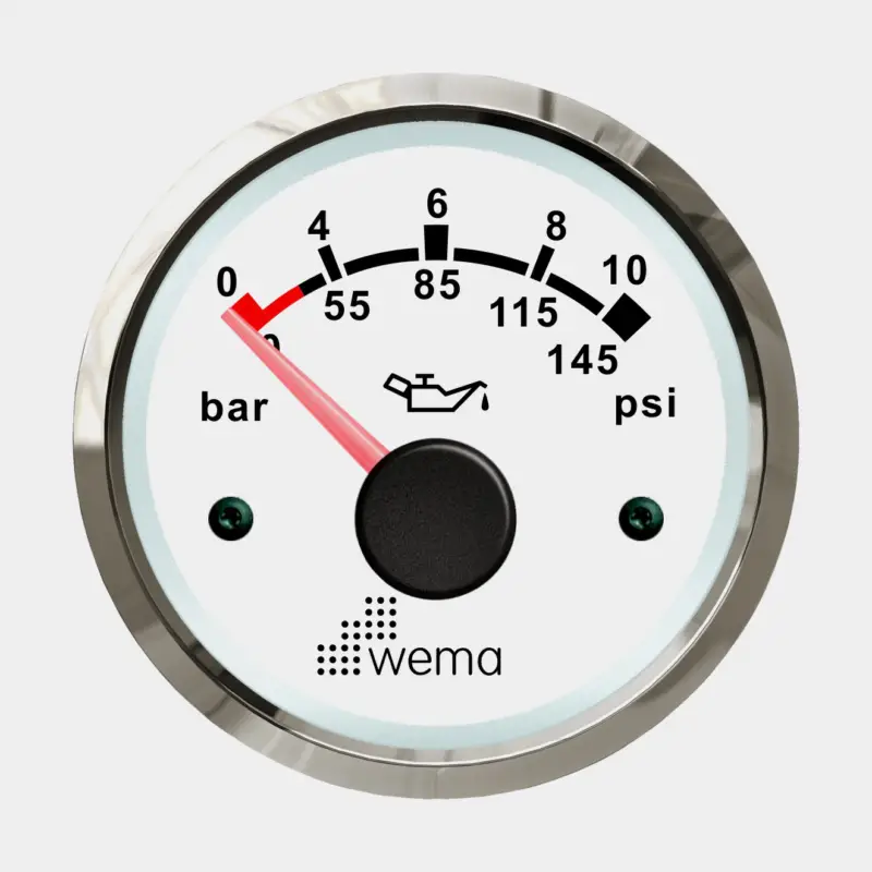 Offre Spéciale Manomètre de pression d’huile Wema Silverline, antibuée, Ø52 mm, 12 V / 24 V, 10 – 185 Ω, 0 – 10 bar, argent/blanc