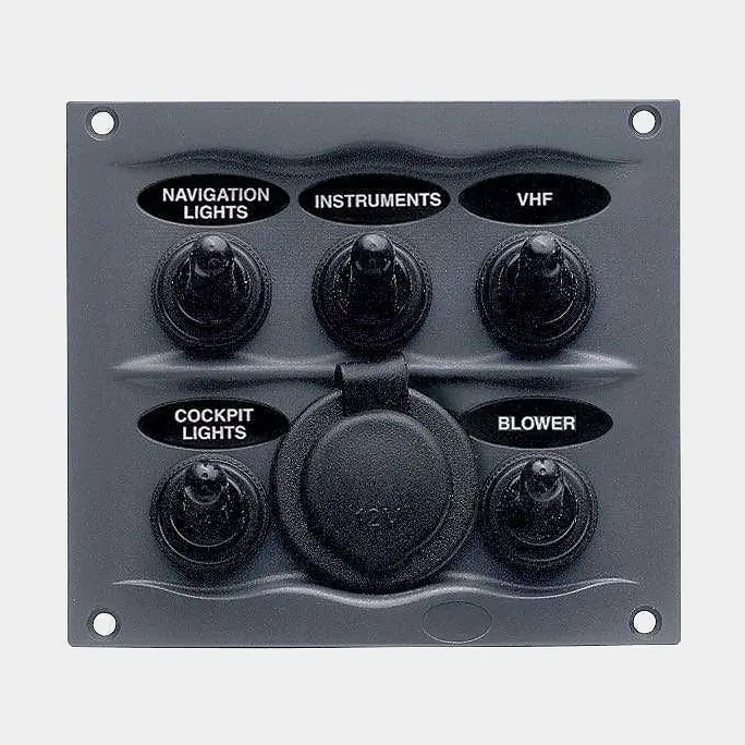 Panneau de commutation / panneau de fusibles BEP Marine, 12 V (20 A) / 24 V (10 A), 5 interrupteurs, avec fusibles à lame + prise allume-cigare 12 V (16 A) Soldes