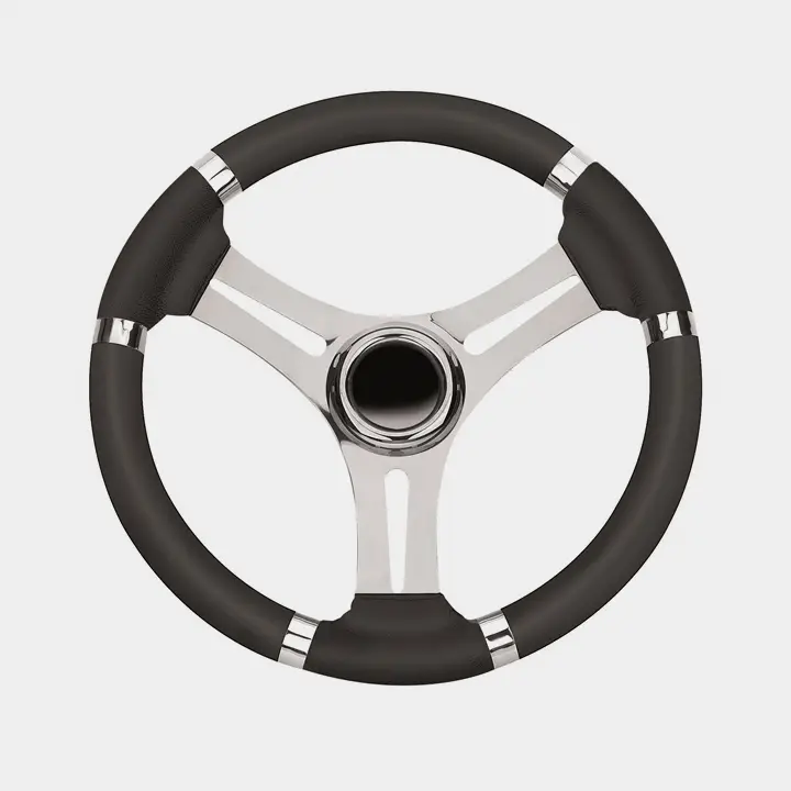 Volant de bateau à moteur Mavimare & Mancini VRE35, acier inoxydable & plastique, Ø350 mm, avec moyeu, convient pour axe de volant 3/4″ (19 mm), noir/chrome Dernier Modèle